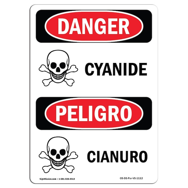 Safety Sign, OSHA Danger, 5" Height, Cyanide, Bilingual Spanish, 10PK